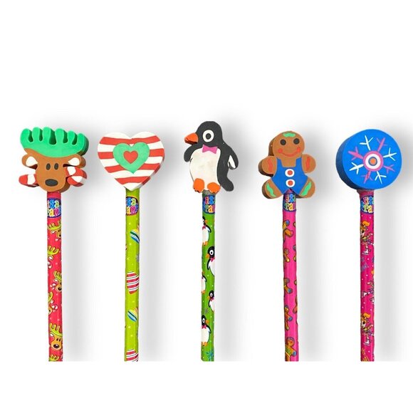 Lot Of Lisa Frank Christmas Pencils With Jumbo Erasers Xmas Snowman Reindeer - Picture 3 of 4